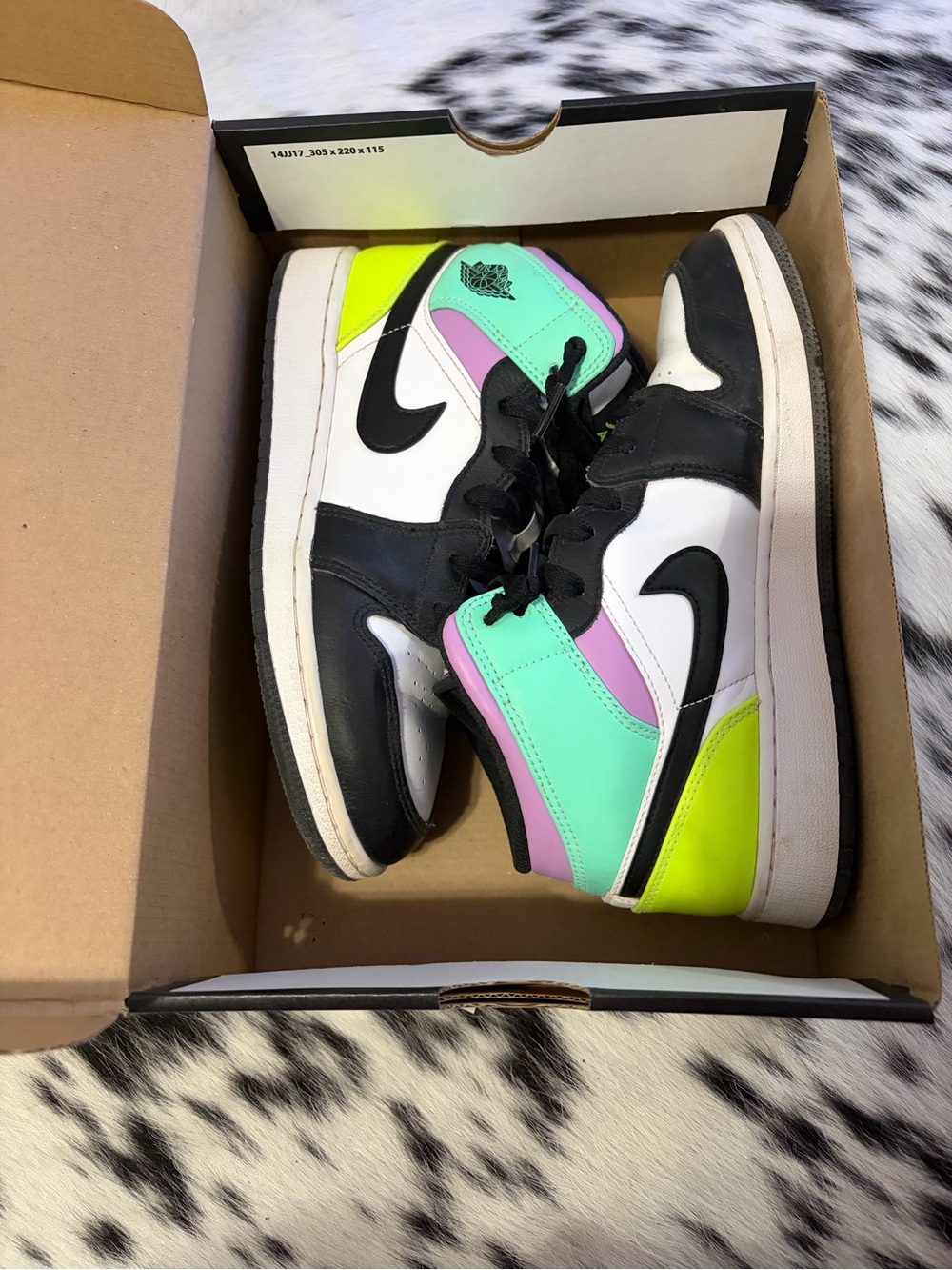 Jordan Women’s Sneakers in Black, White, Mint, Pink & Neon Yellow